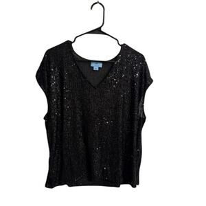 CeCe Black Short Sleeve Sequin Women's Blouse - Size XL